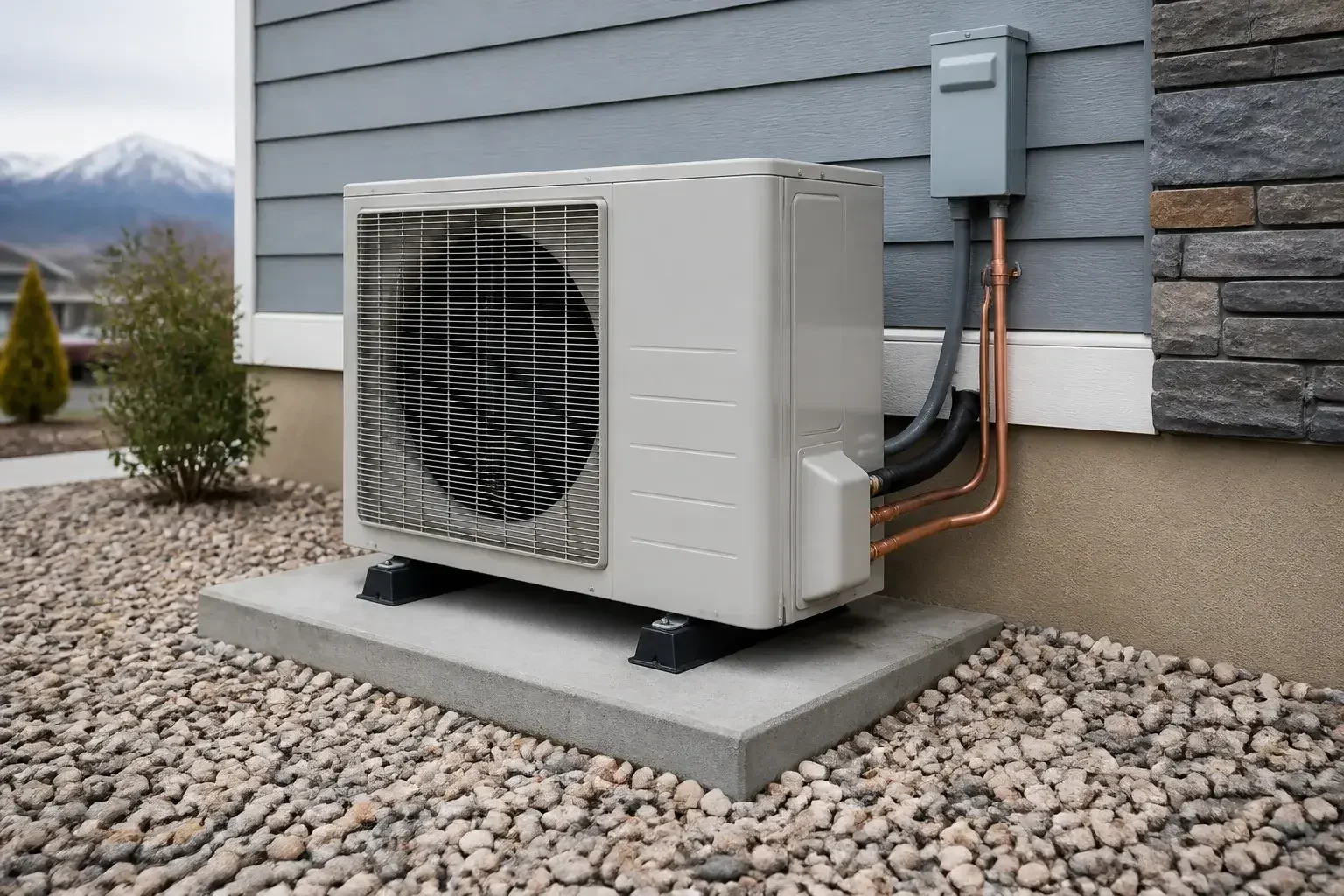 Neat heat pump installation detail beside a home.