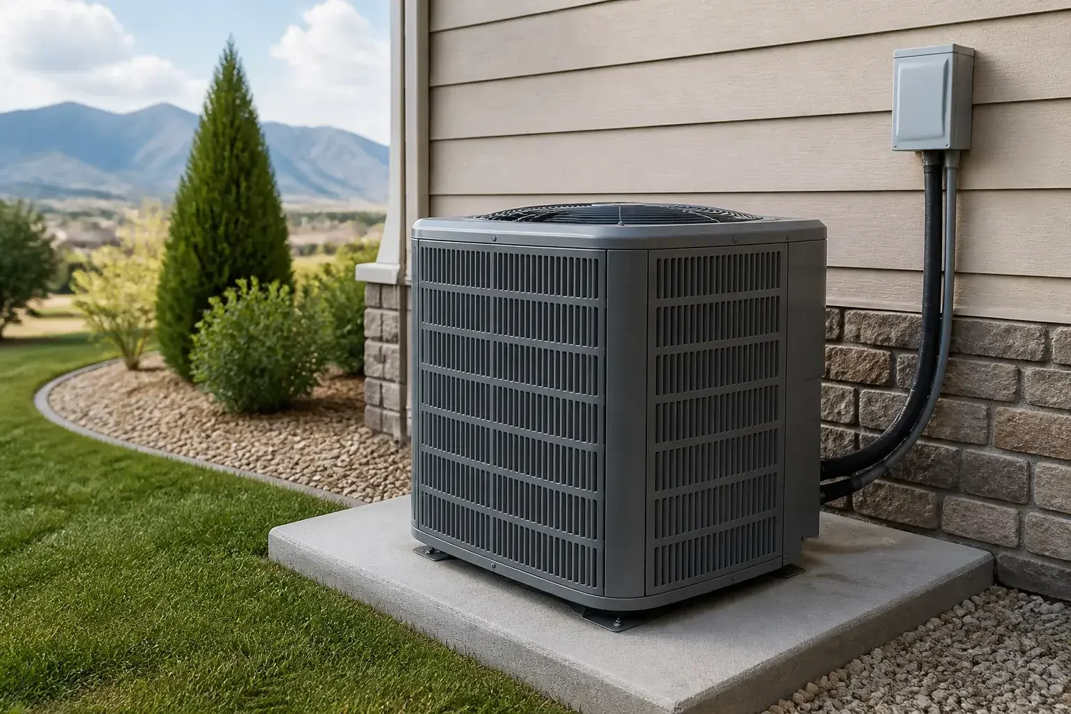 New outdoor AC condenser on a clean pad.