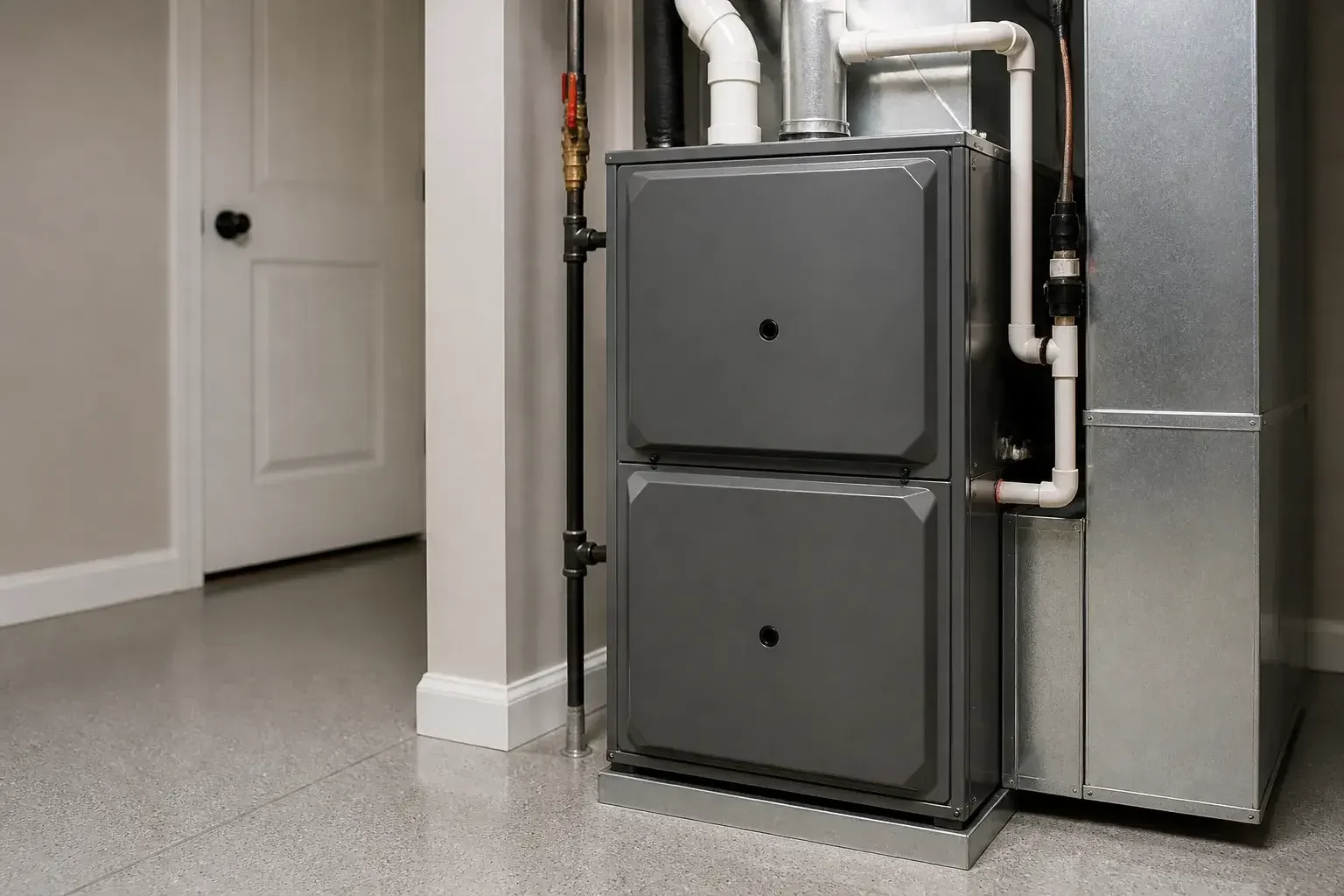 Clean finished furnace repair in a utility room.