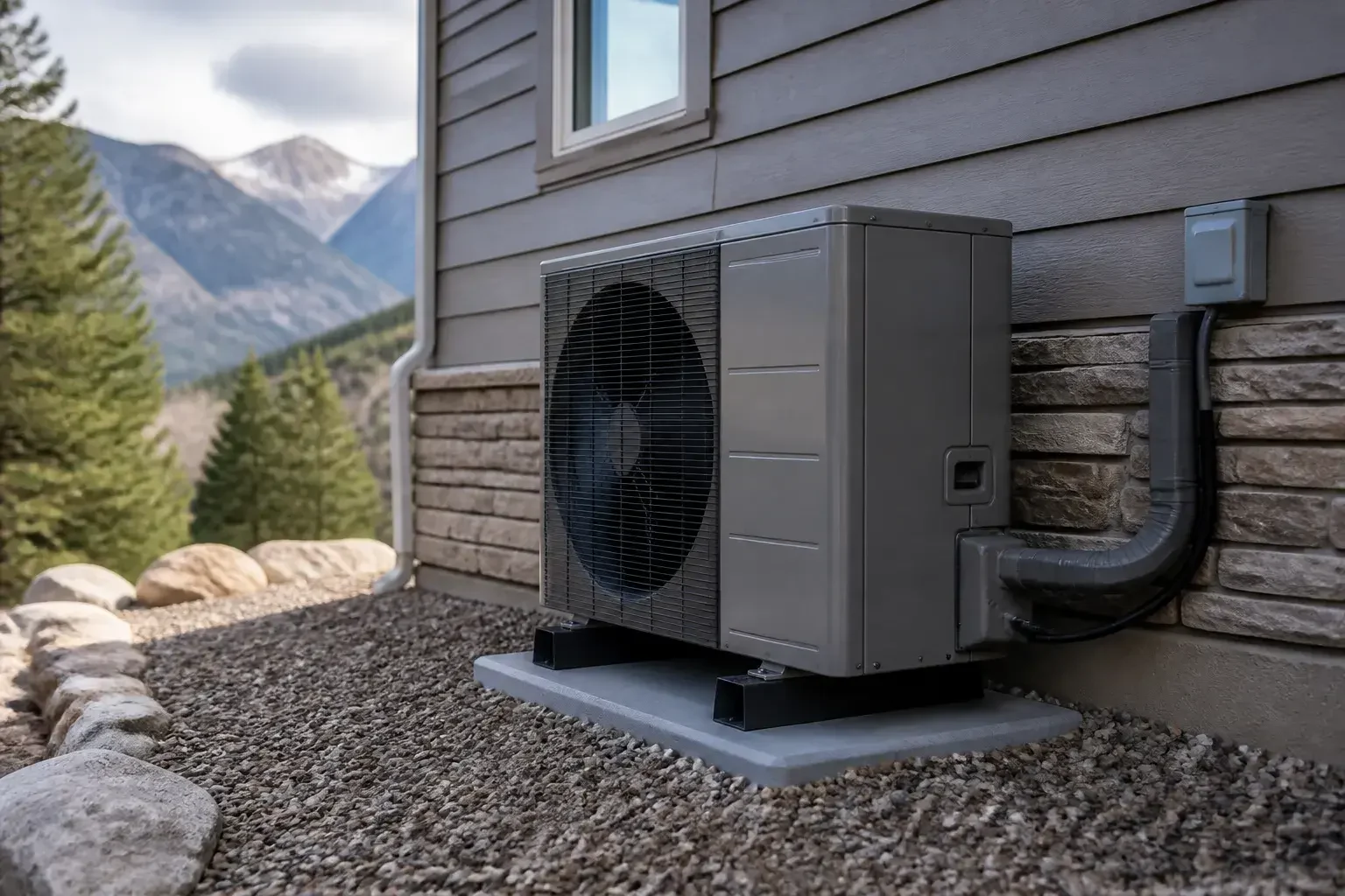 Finished heat pump installation beside a home.