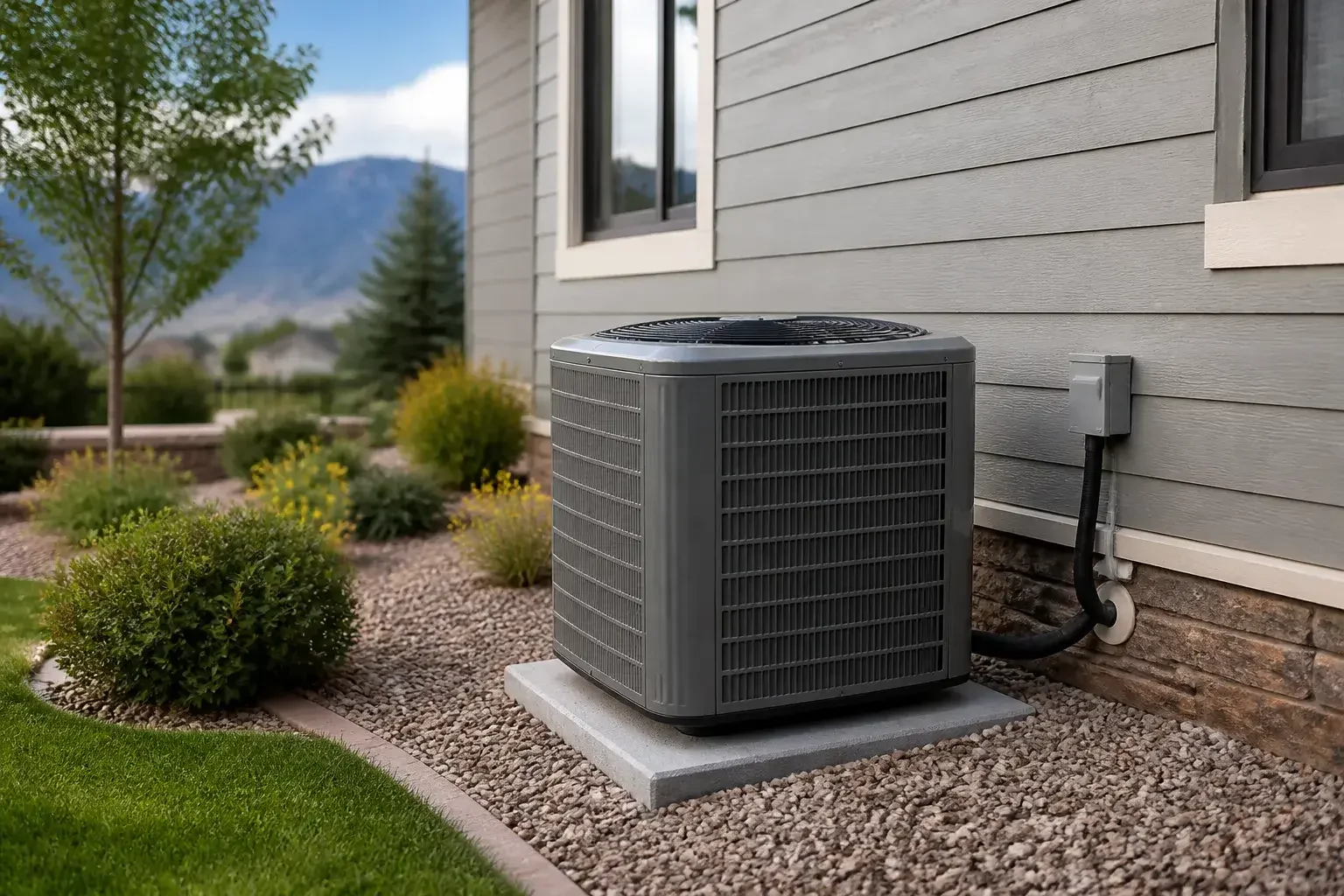 Completed AC installation beside a modern home.