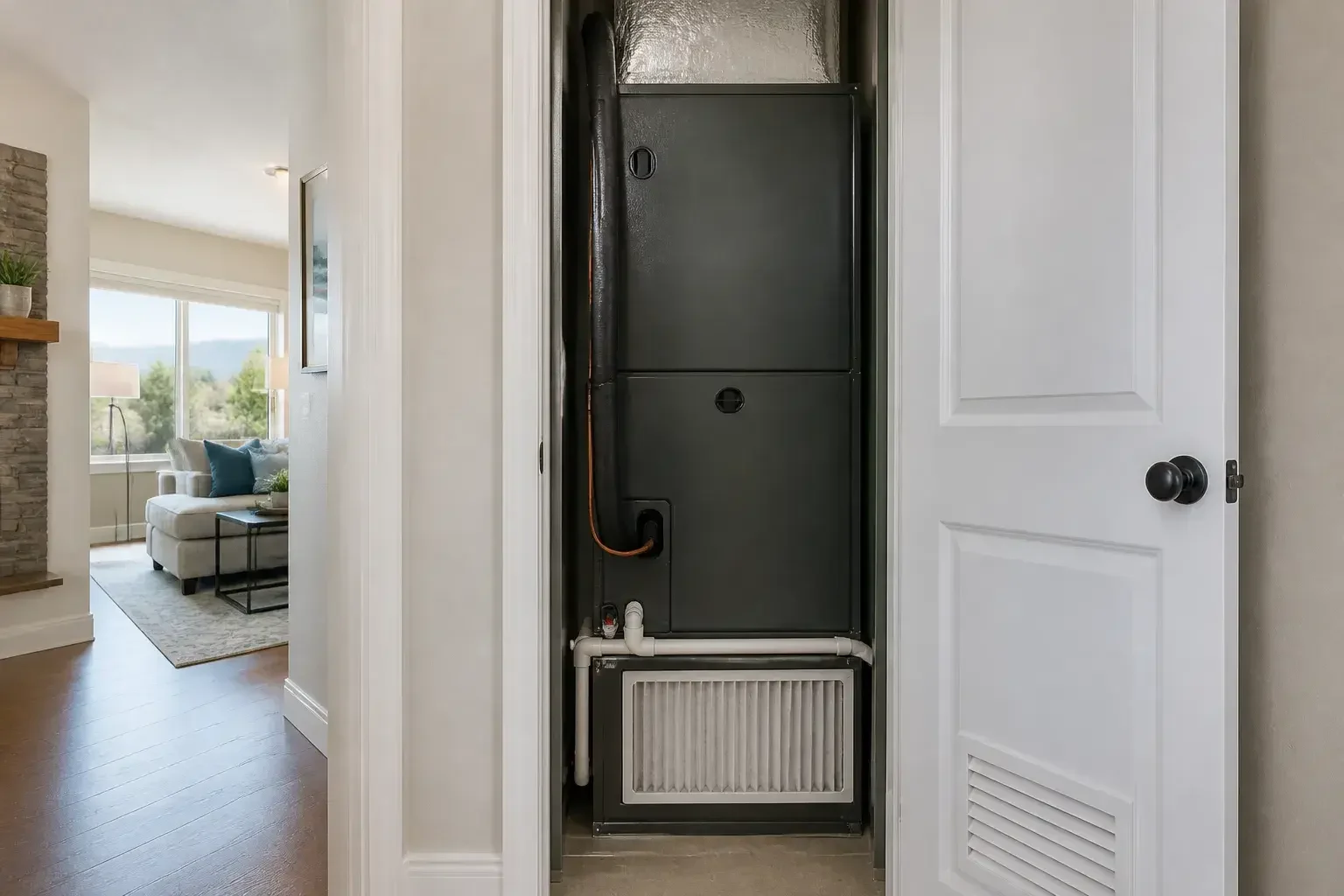 Well-maintained HVAC closet in a clean home interior.